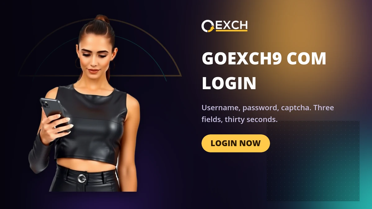 GoExch9 com login banner with a Login Now button and a host holding a phone