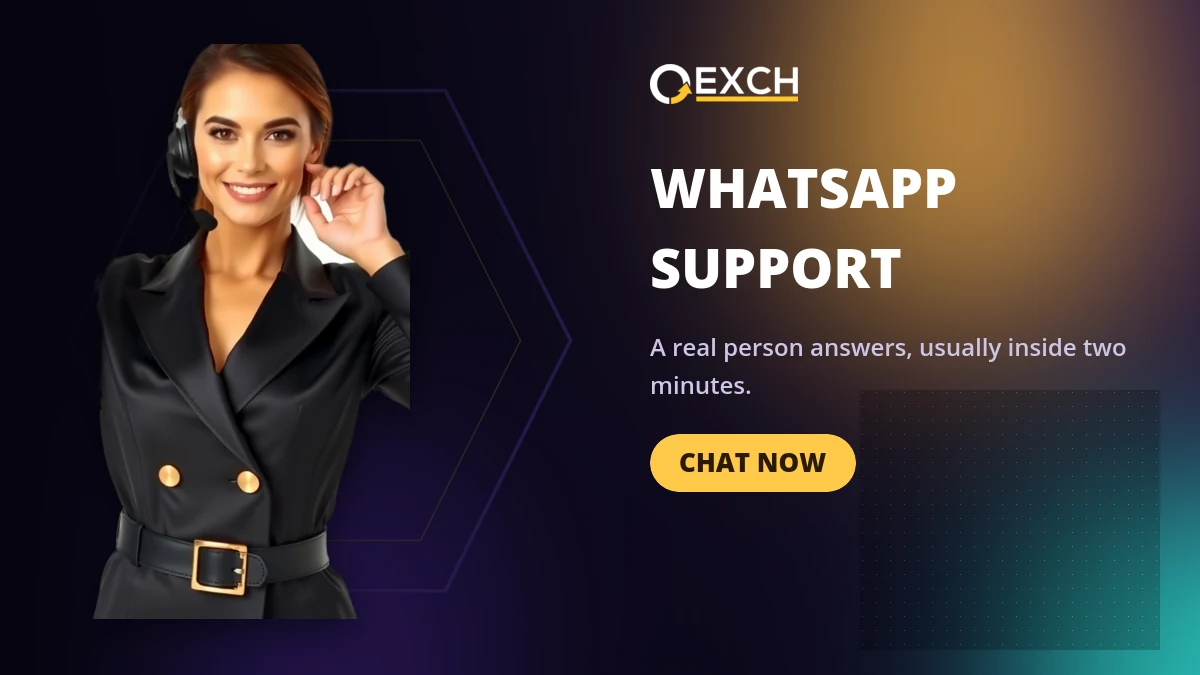 GoExch9 WhatsApp support banner with a Chat Now button and a host wearing a headset